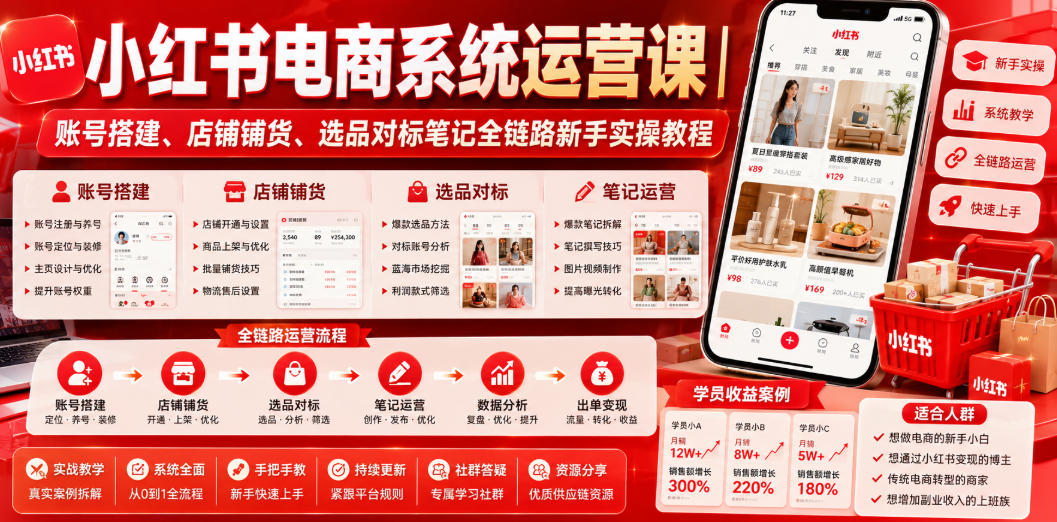 小红书电商系统运营课｜账号搭建、店铺铺货、选品对标笔记全链路新手实操教程-悟思笔记，一个低调的学习营。