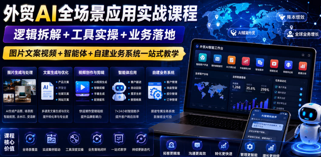 外贸AI全场景应用实战课程｜逻辑拆解+工具实操+业务落地，图片文案视频+智能体+自建业务系统一站式教学-悟思笔记，一个低调的学习营。