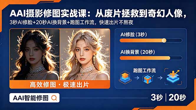 AI摄影修图实战课：从废片拯救 到 奇幻人像，3秒AI修脸+20秒AI换背景+跑图工作流，快速出片不熬夜-悟思笔记，一个低调的学习营。
