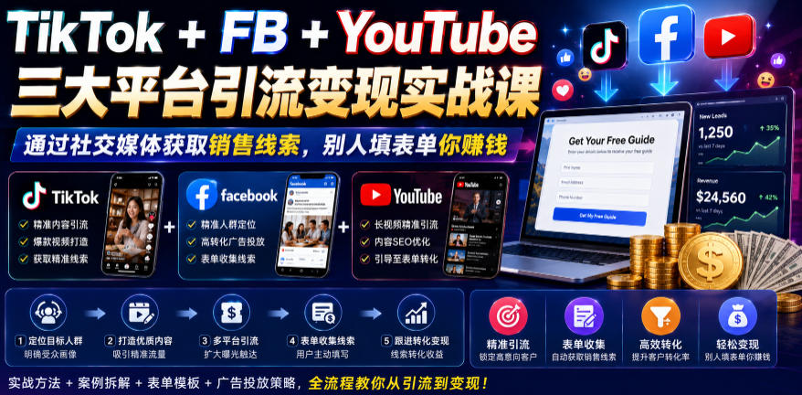 TikTok+FB+YouTube三大平台引流变现实战课，通过社交媒体获取销售线索，别人填表单你賺钱【原创双语字幕】-悟思笔记，一个低调的学习营。