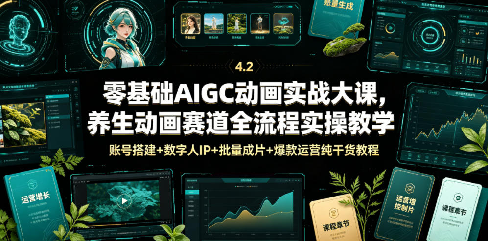 零基础AIGC动画实战大课，养生动画赛道全流程实操教学，账号搭建+数字人IP+批量成片+爆款运营纯干货教程-悟思笔记，一个低调的学习营。