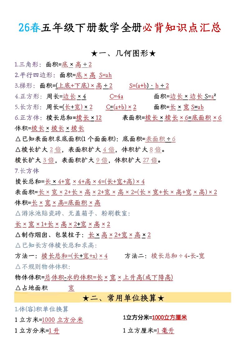 26春五年级下数学期末必背公式汇总-悟思笔记，一个低调的学习营。