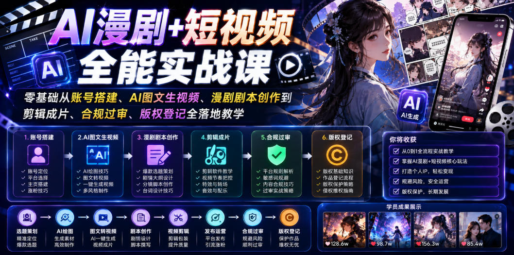 AI漫剧+短视频全能实战课｜零基础从账号搭建、AI图文生视频、漫剧剧本创作到剪辑成片、合规过审、版权登记全落地教学-悟思笔记，一个低调的学习营。