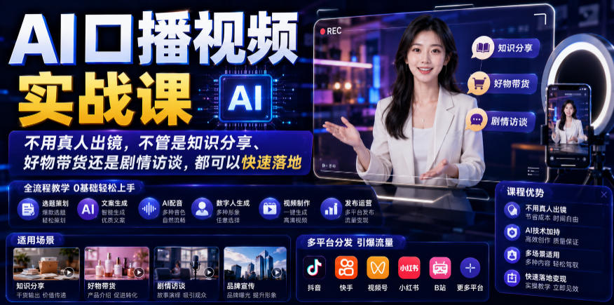 AI口播视频实战课，不用真人出镜，不管是知识分享、好物带货还是剧情访谈，都可以快速落地-悟思笔记，一个低调的学习营。