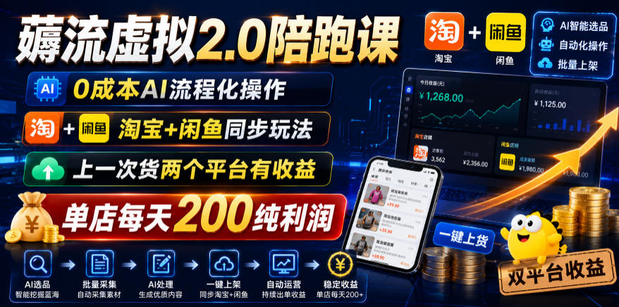薅流虚拟2.0陪跑课，0成本AI流程化操作，淘宝+闲鱼同步玩法，上一次货两个平台有收益，单店每天200纯利润-悟思笔记，一个低调的学习营。
