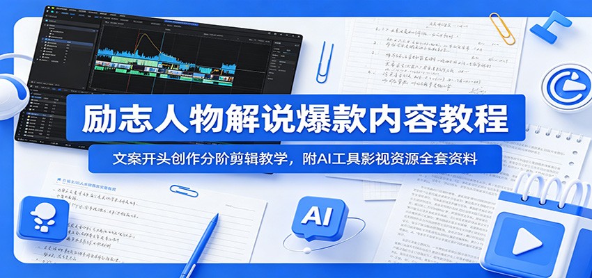 励志人物解说爆款内容教程：文案开头创作分阶剪辑教学，附AI 工具影视资源全套资料-悟思笔记，一个低调的学习营。