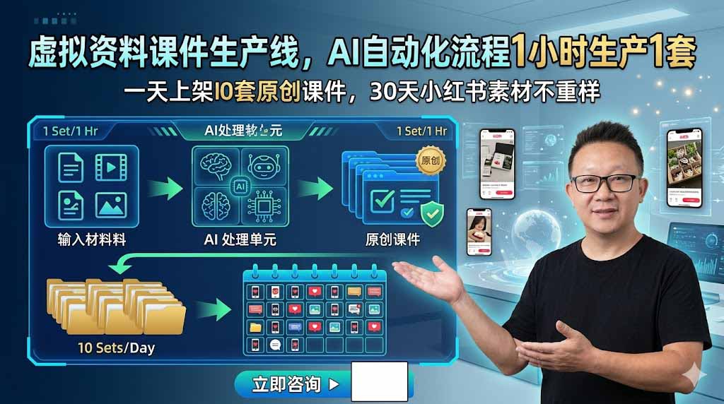 虚拟资料课件生产线，AI自动化流程1小时生产1套，一天上架10套原创课件，30天小红书素材不重样-悟思笔记，一个低调的学习营。
