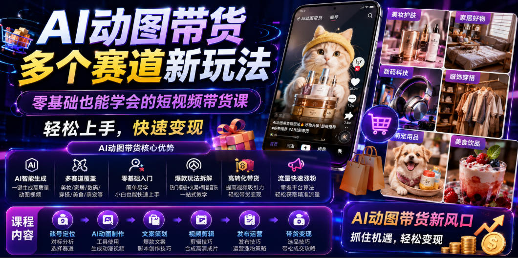 AI动图带货多个赛道新玩法，零基础也能学会的短视频带货课，轻松上手，快速变现-悟思笔记，一个低调的学习营。