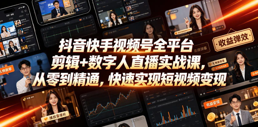 抖音快手视频号全平台剪辑+数字人直播实战课，从零到精通，快速实现短视频变现(更新2026年6月)​-悟思笔记，一个低调的学习营。