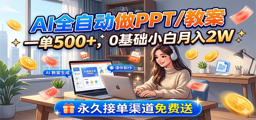 AI全自动做PPT/教案，一单500+，0基础小白月入2W，永久接单渠道免费送-悟思笔记，一个低调的学习营。