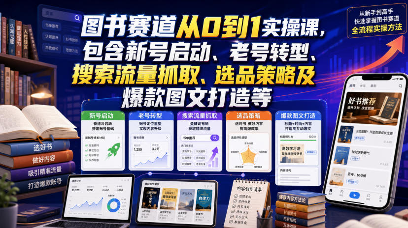 图书赛道从0到1实操课，包含新号启动、老号转型、搜索流量抓取、选品策略及爆款图文打造等-悟思笔记，一个低调的学习营。