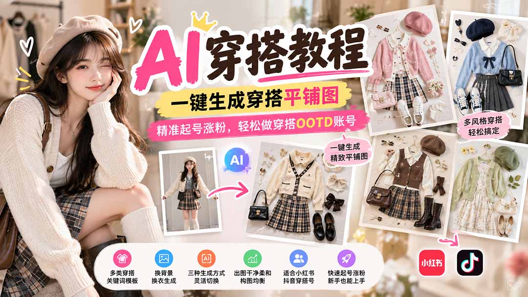 【无水印】AI穿搭教程｜一键生成穿搭平铺图，精准起号涨粉，轻松做穿搭OOTD账号-悟思笔记，一个低调的学习营。
