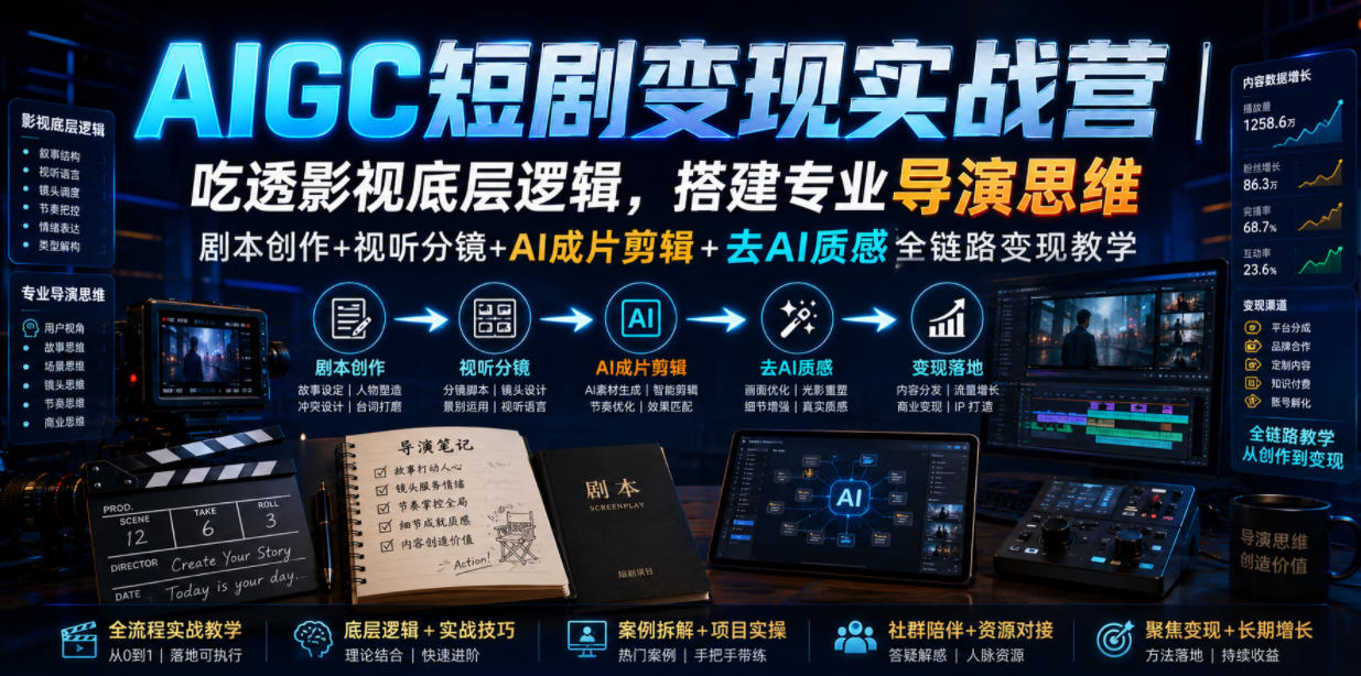 AIGC短剧变现实战营｜吃透影视底层逻辑，搭建专业导演思维，剧本创作+视听分镜+AI成片剪辑+去AI质感全链路变现教学-悟思笔记，一个低调的学习营。