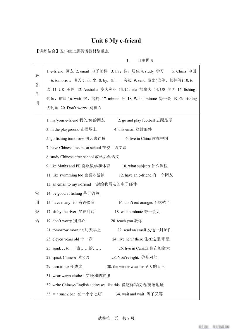 【单元热点难点】译林版（三起）英语五年级上册Unit6Mye-friend教材划重点-悟思笔记，一个低调的学习营。