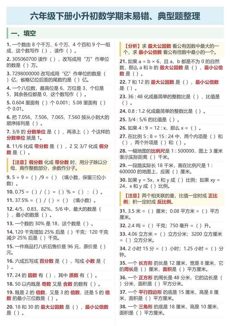 六年级下数学期末常考易错、典型题整理-悟思笔记，一个低调的学习营。
