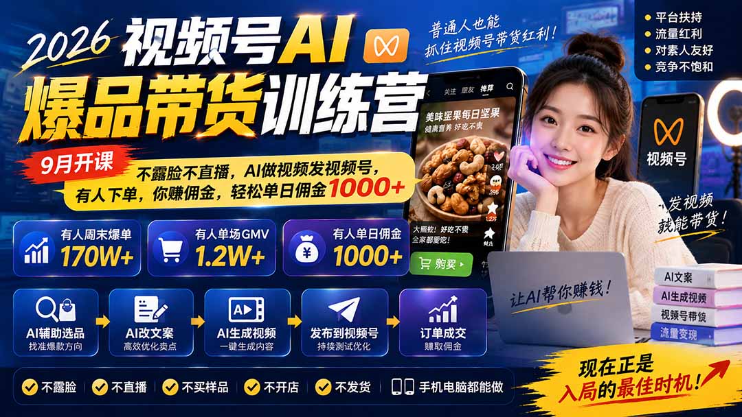 图片[1]-2026视频号AI爆品带货训练营-9月开课｜不露脸不直播，AI做视频发视频号，有人下单，你赚佣金，轻松单日佣金1000+-悟思笔记，一个低调的学习营。