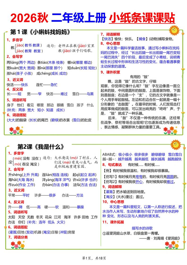 26秋二上语文小纸条课课贴18页-悟思笔记，一个低调的学习营。