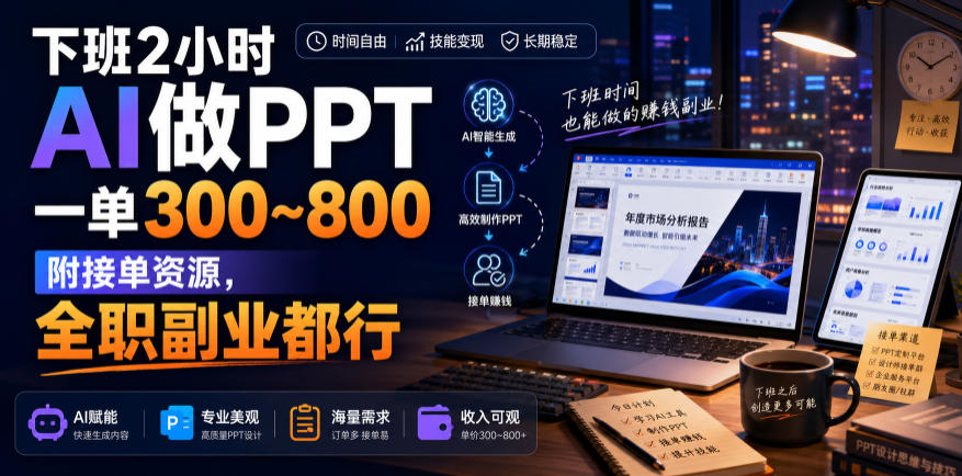 下班2小时AI做PPT，一单300~800，附接单资源，全职副业都行【揭秘】-悟思笔记，一个低调的学习营。