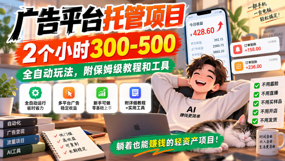 广告平台托管项目，2个小时300-500，全自动玩法，附保姆级教程和工具，小白照着就能做【揭秘】-悟思笔记，一个低调的学习营。