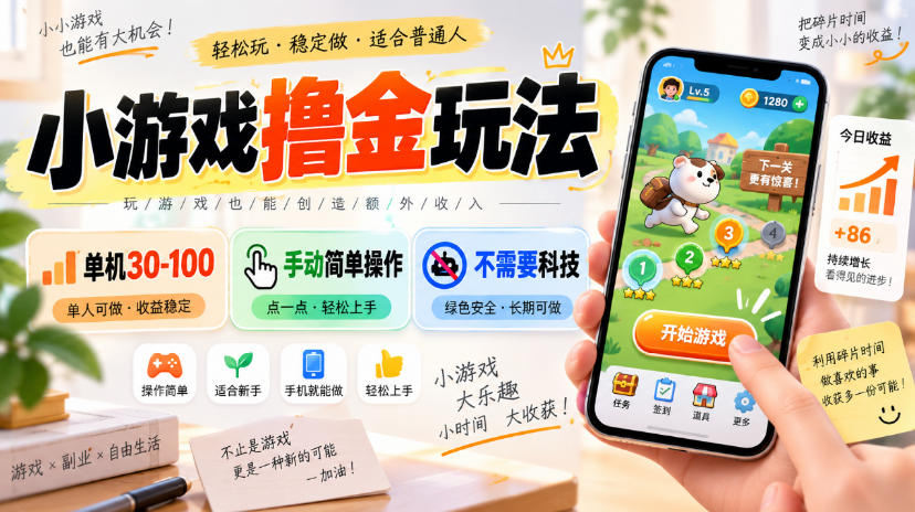 小游戏撸金玩法，单机30-100，手动简单操作，不需要科技-悟思笔记，一个低调的学习营。