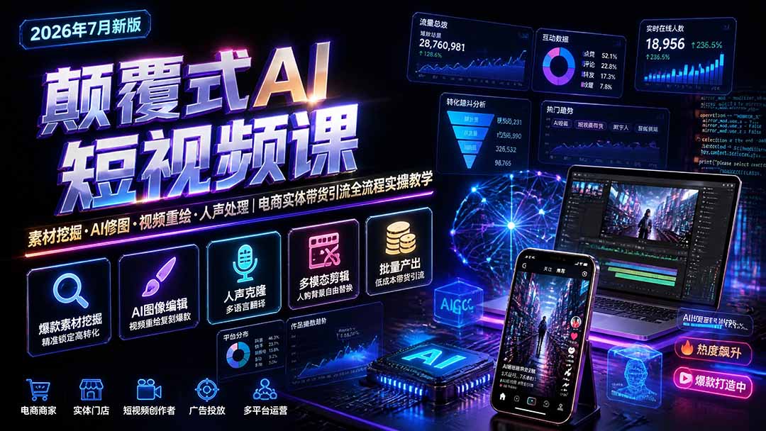颠覆式AI短视频课｜素材挖掘，AI修图，视频重绘，人声处理｜电商实体带货引流全流程实操教学-悟思笔记，一个低调的学习营。
