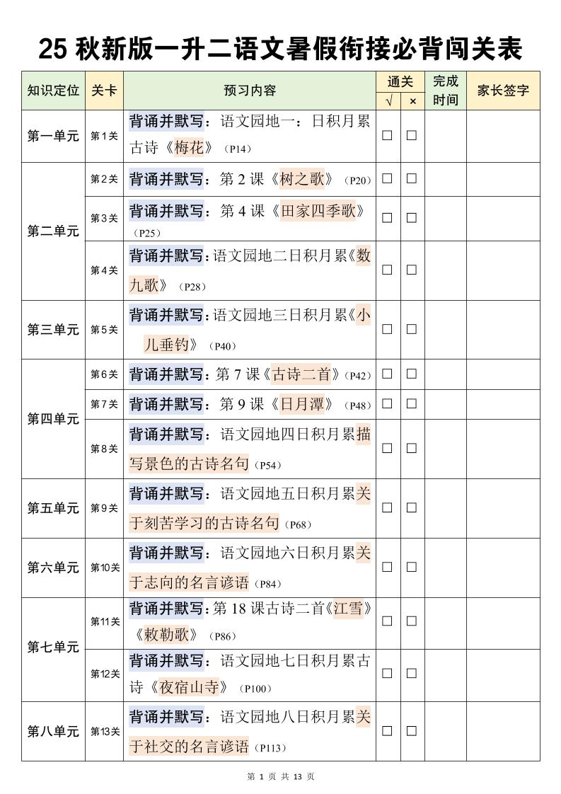 二上语文暑假衔接必背闯关表-悟思笔记，一个低调的学习营。