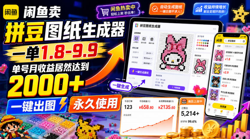 闲鱼卖拼豆图纸生成器，一单1.8-9.9，单号月收益居然达到2000+一键出图永久使用-悟思笔记，一个低调的学习营。