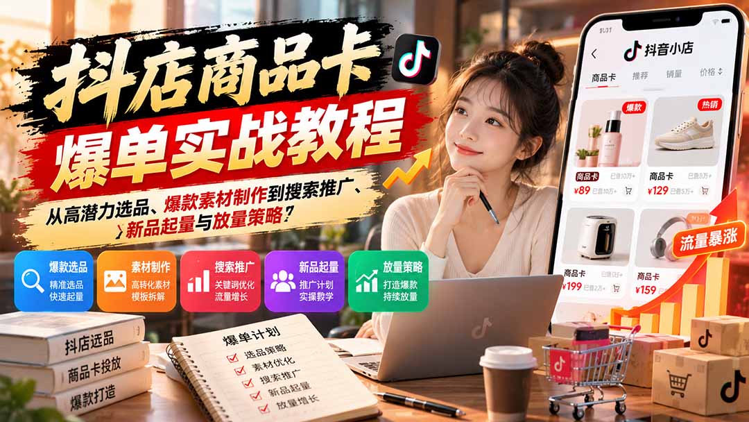 抖店商品卡爆单实战教程：从高潜力选品、爆款素材制作到搜索推广、新品起量与放量策略-悟思笔记，一个低调的学习营。