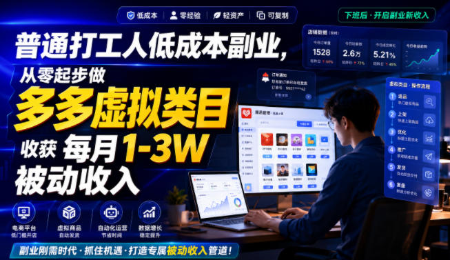 普通打工人低成本副业，从零起步做多多虚拟类目，收获每月1-3W被动收入【揭秘】-悟思笔记，一个低调的学习营。