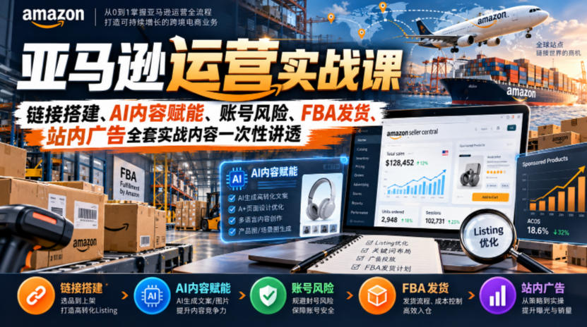 亚马逊运营实战课，链接搭建、AI内容赋能、账号风险、FBA发货、站内广告全套实战内容一次性讲透-悟思笔记，一个低调的学习营。