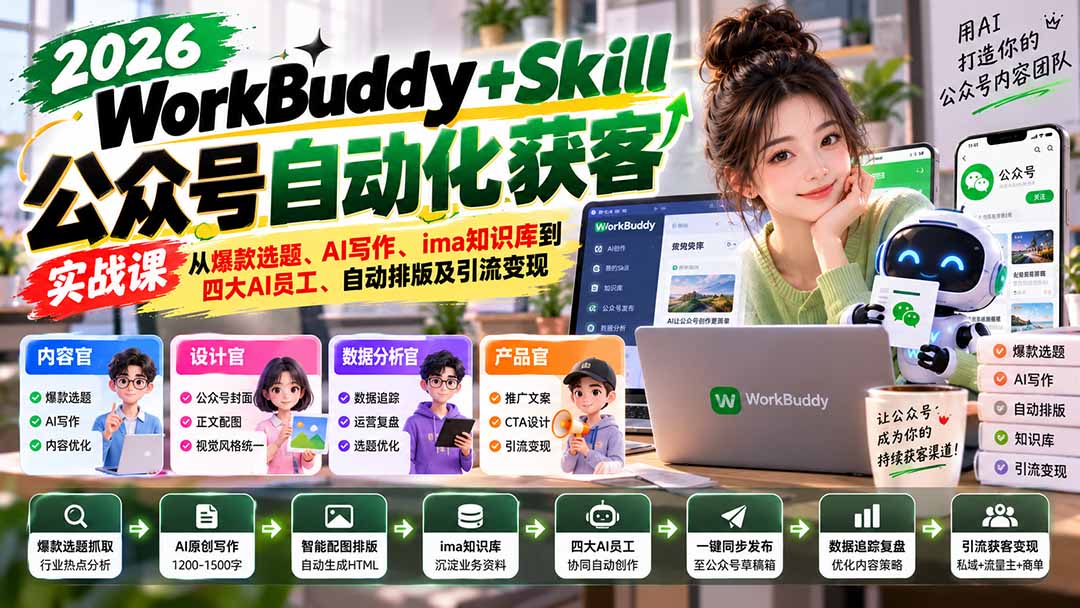 WorkBuddy + Skill公众号自动化获客实战课：从爆款选题、AI写作、ima知识库到四大AI员工、自动排版及引流变现-悟思笔记，一个低调的学习营。