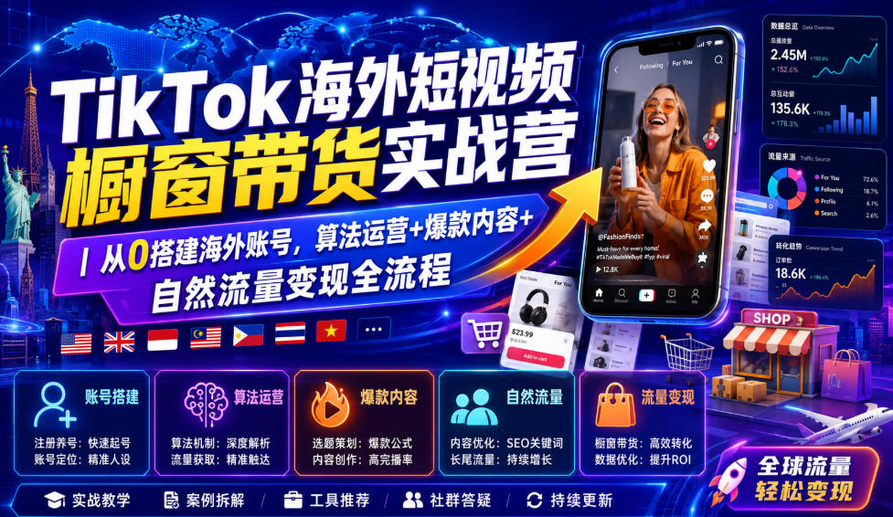 TikTok海外短视频橱窗带货实战营｜从0搭建海外账号，算法运营+爆款内容+自然流量变现全流程-悟思笔记，一个低调的学习营。
