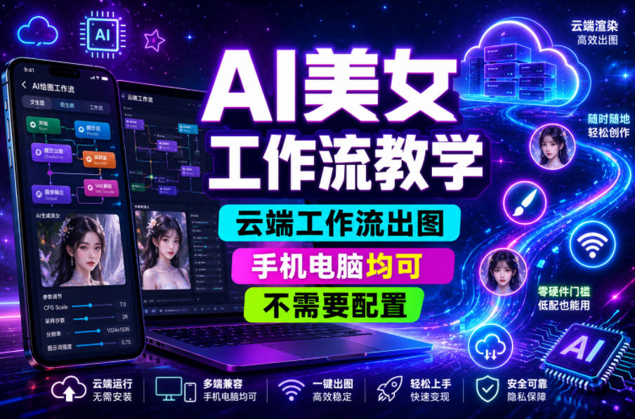 AI美女工作流教学，云端工作流出图，手机电脑均可，不需要配置，快速起号涨粉-悟思笔记，一个低调的学习营。