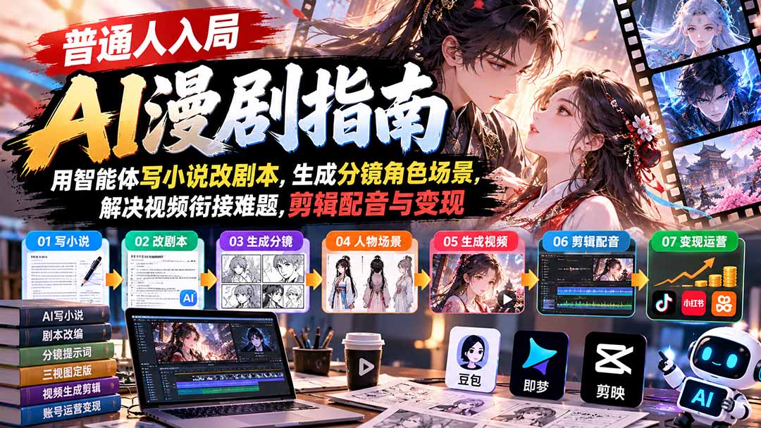 【无水印】普通人入局AI漫剧指南：用智能体写小说改剧本，生成分镜角色场景，解决视频衔接难题，剪辑配音与变现-悟思笔记，一个低调的学习营。