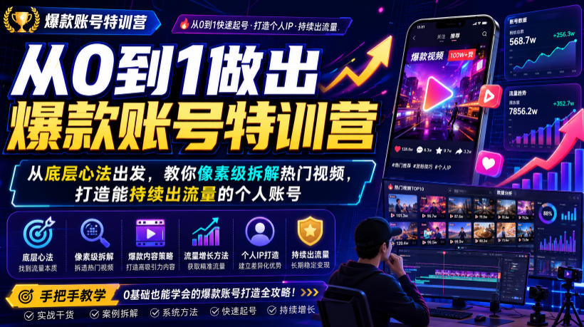 从0到1做出爆款账号特训营，从底层心法出发，教你像素级拆解热门视频，打造能持续出流量的个人账号-悟思笔记，一个低调的学习营。