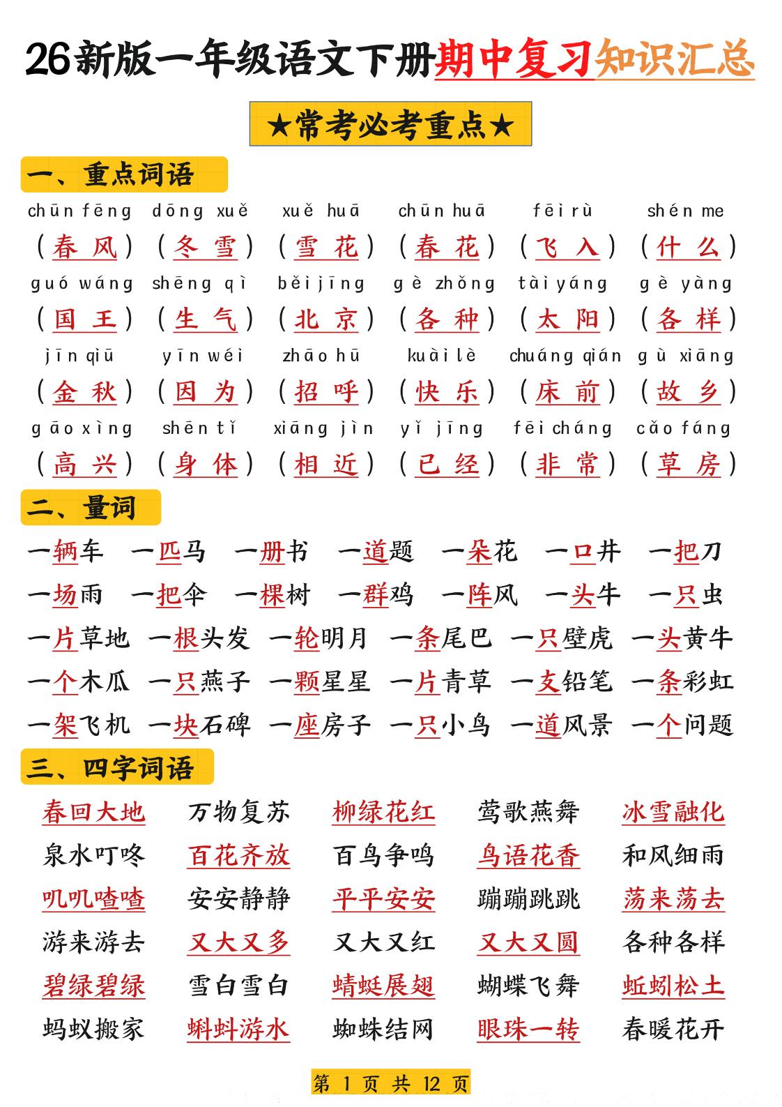 26新版一年级语文下册期中复习知识汇总-悟思笔记，一个低调的学习营。
