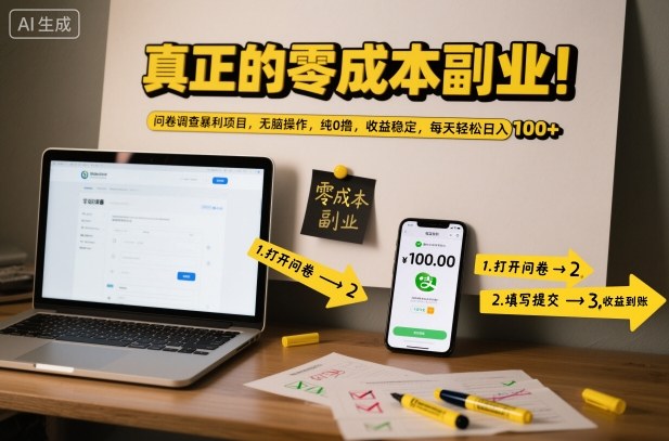 真正的零成本副业！问卷调查暴利项目，无脑操作，纯0撸，收益稳定，每天轻松日入100+【揭秘】-悟思笔记，一个低调的学习营。