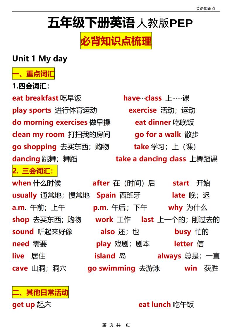 五年级(下）英语全册知识点汇总《人教版PEP》-悟思笔记，一个低调的学习营。