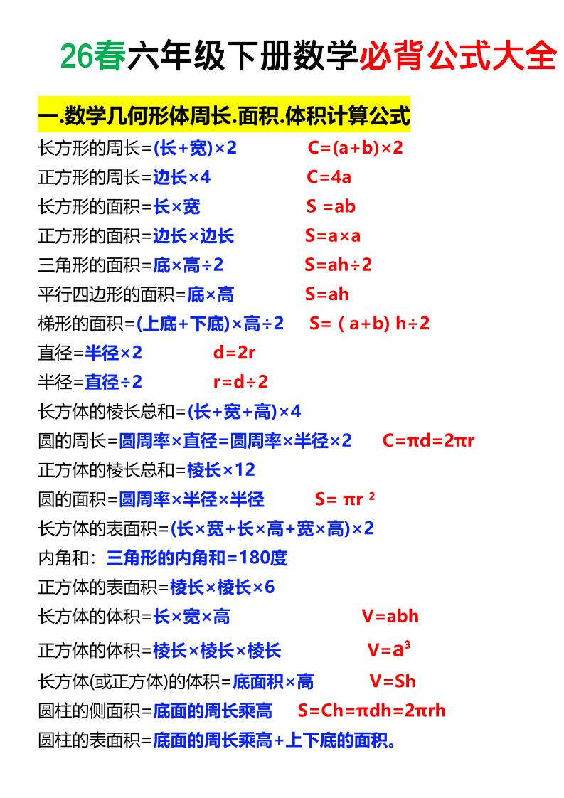 26春六年级下数学期末必背公式大全-悟思笔记，一个低调的学习营。