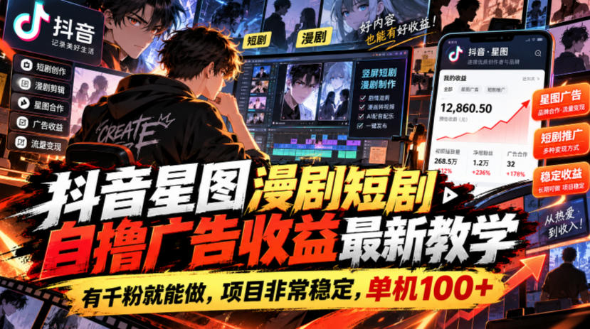 抖音星图漫剧短剧自撸广告收益最新教学，有千粉就能做，项目非常稳定，单机100+-悟思笔记，一个低调的学习营。
