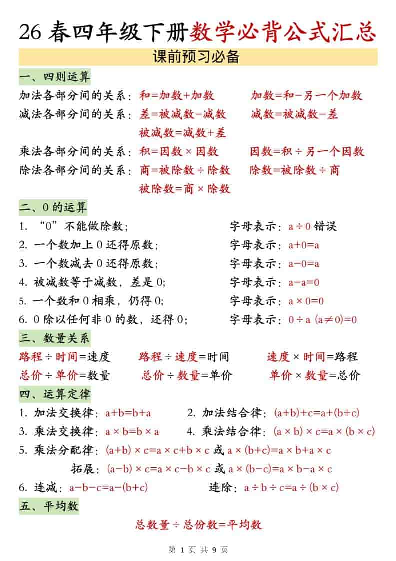 四年级下数学26春必背公式汇总-悟思笔记，一个低调的学习营。