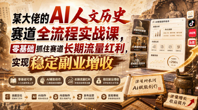 某大佬的AI人文历史赛道全流程实战课，零基础抓住赛道长期流量红利，实现稳定副业增收-悟思笔记，一个低调的学习营。