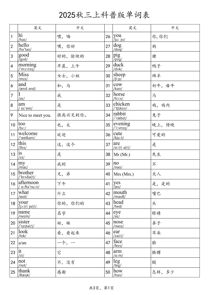 2025秋三上英语科普版单词表-悟思笔记，一个低调的学习营。