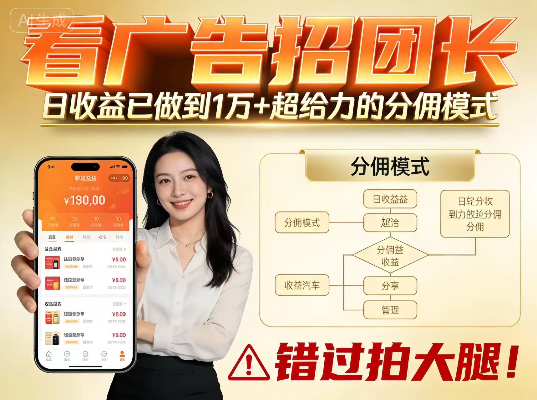 看广告招团长，团队收益已做到日入1万，分佣模式超给力，错过拍大腿-悟思笔记，一个低调的学习营。