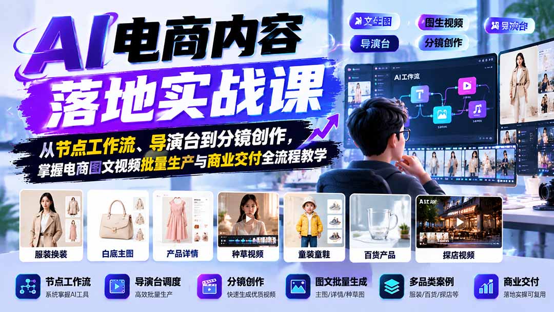 AI电商内容落地实战课：从节点工作流、导演台到分镜创作，掌握电商图文视频批量生产与商业交付全流程教学-悟思笔记，一个低调的学习营。