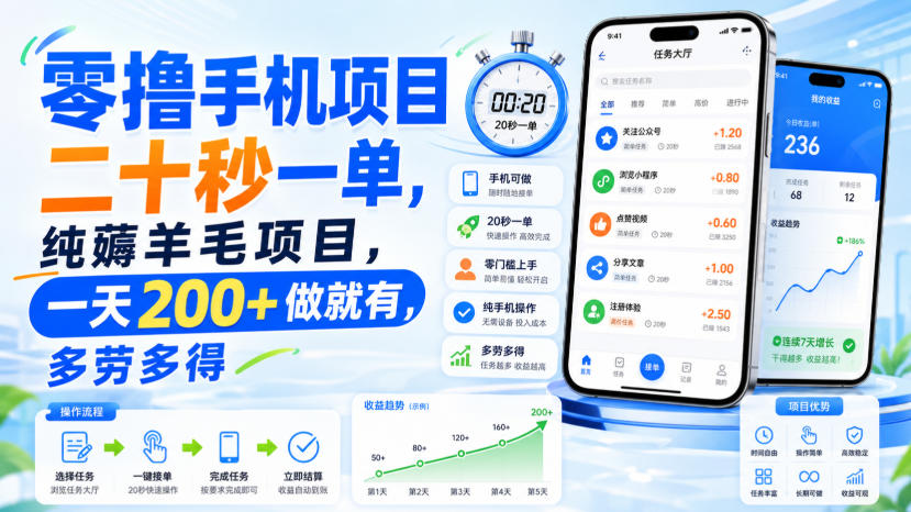 零撸手机项目，二十秒一单，纯薅羊毛项目，一天200+做就有，多劳多得【揭秘】-悟思笔记，一个低调的学习营。