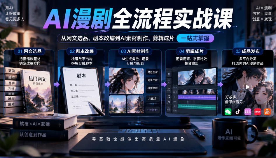 AI漫剧全流程实战课，覆盖从网文选品、剧本改编到AI素材制作、剪辑成片的完整链路-悟思笔记，一个低调的学习营。
