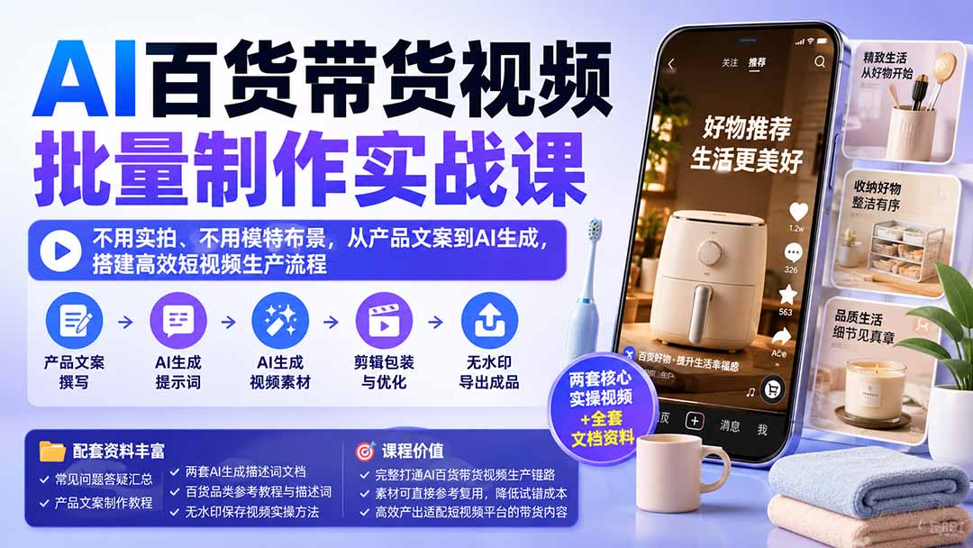 AI百货带货视频批量制作实战课：不用实拍、不用模特布景，从产品文案到AI生成，搭建高效短视频生产流程-悟思笔记，一个低调的学习营。