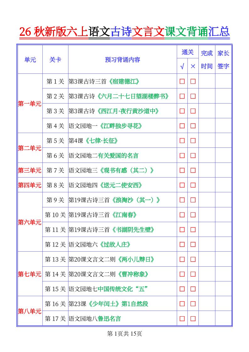26秋新六上语文古文文言文课文背诵内容汇总-背诵版-悟思笔记，一个低调的学习营。
