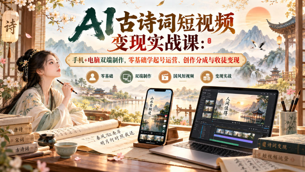 AI古诗词短视频变现实战课：手机+电脑双端制作，零基础学起号运营、创作分成与收徒变现-悟思笔记，一个低调的学习营。